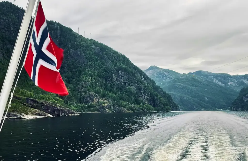 Norveç'te kayalık zirveler arasındaki geniş bir vadiyi geçen manzaralı dağ yolu