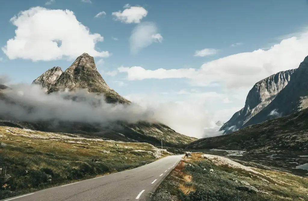 Bergen'deki dağ ve liman manzaralı renkli Bryggen sahil evleri